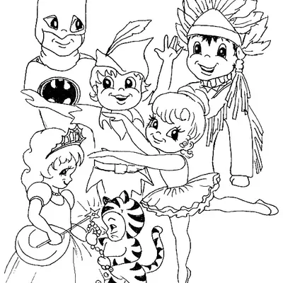 Desenho de contorno de seis crianças fantasiadas: um menino de Batman, um de Peter Pan, um de índio, uma bailarina, uma princesa com varinha e um bebê de tigre.
