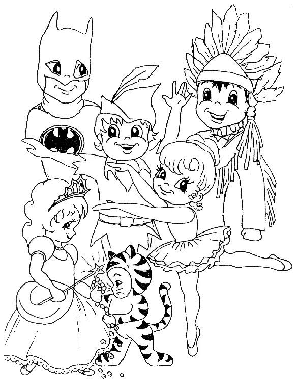 Desenho de contorno de seis crianças fantasiadas: um menino de Batman, um de Peter Pan, um de índio, uma bailarina, uma princesa com varinha e um bebê de tigre.