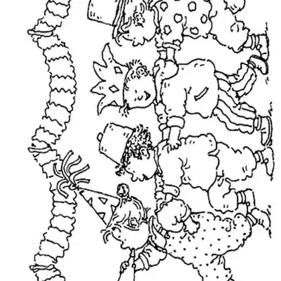 Desenho de contorno de quatro crianças em fila segurando nos ombros umas das outras, usando chapéus e fantasias, ao lado de uma serpentina gigante.