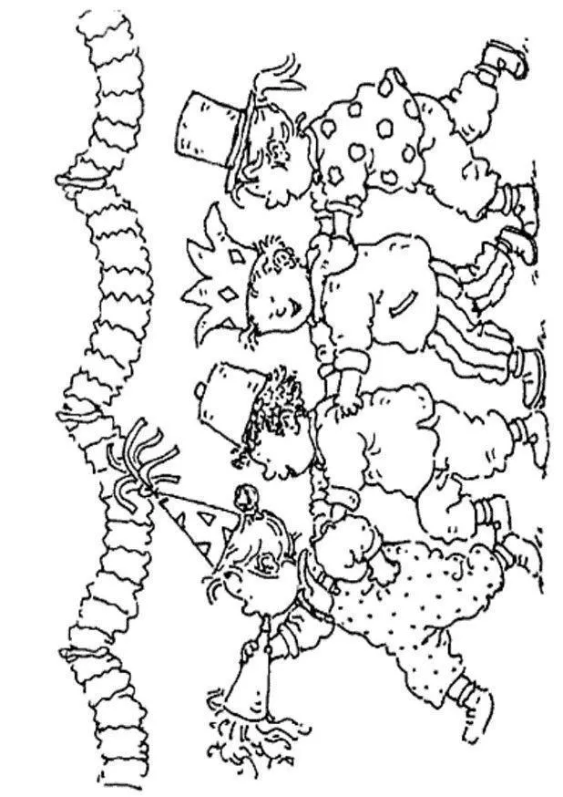 Desenho de contorno de quatro crianças em fila segurando nos ombros umas das outras, usando chapéus e fantasias, ao lado de uma serpentina gigante.