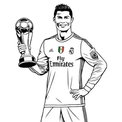 Desenho de linha do Cristiano Ronaldo segurando um grande troféu de futebol, vestindo uniforme com patrocinador.