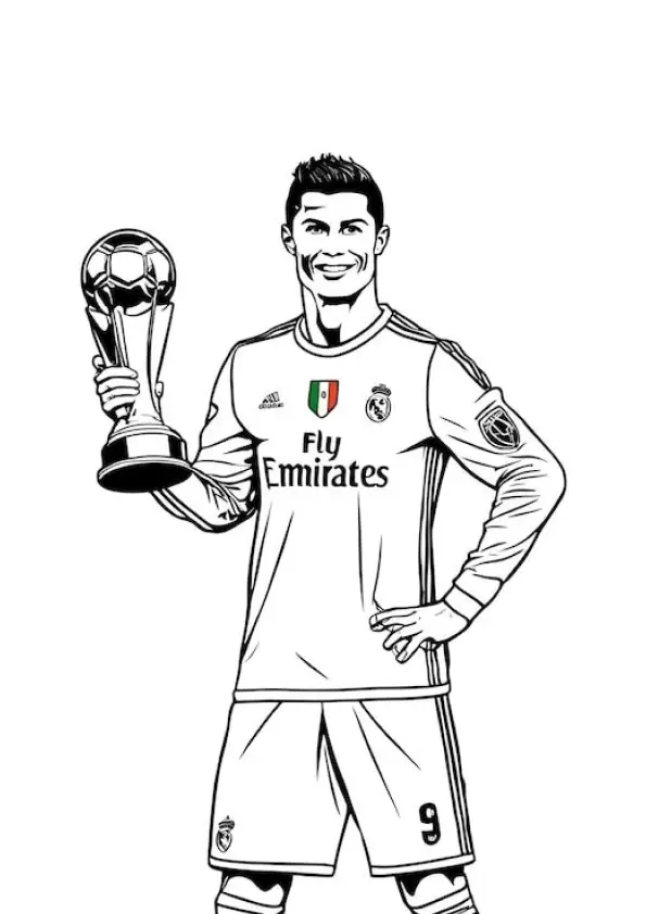 Desenho de linha do Cristiano Ronaldo segurando um grande troféu de futebol, vestindo uniforme com patrocinador.