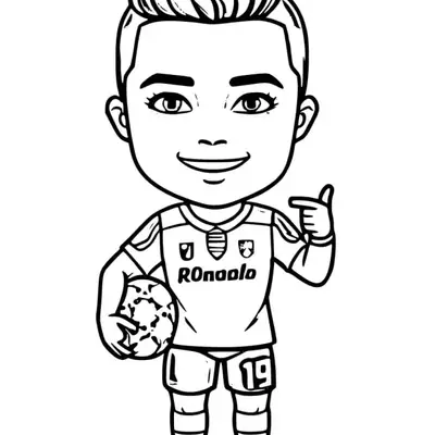 Desenho de contorno estilo chibi de um pequeno Cristiano Ronaldo sorrindo, segurando uma bola de futebol sob o braço e apontando para si mesmo.
