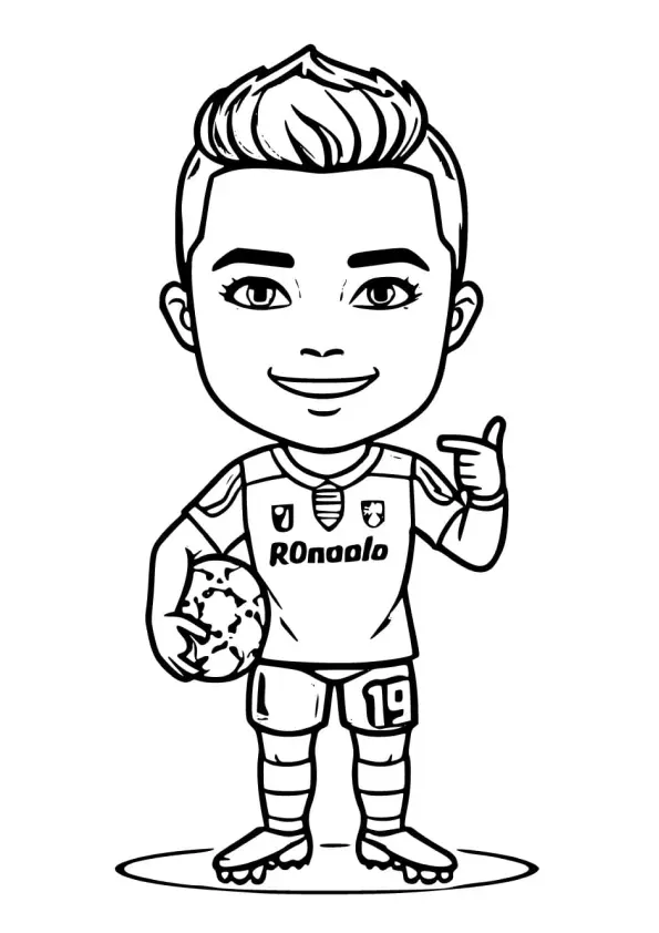 Desenho de contorno estilo chibi de um pequeno Cristiano Ronaldo sorrindo, segurando uma bola de futebol sob o braço e apontando para si mesmo.
