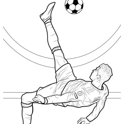 Desenho de contorno do Cristiano Ronaldo de cabeça para baixo no ar fazendo um chute de bicicleta em um estádio.