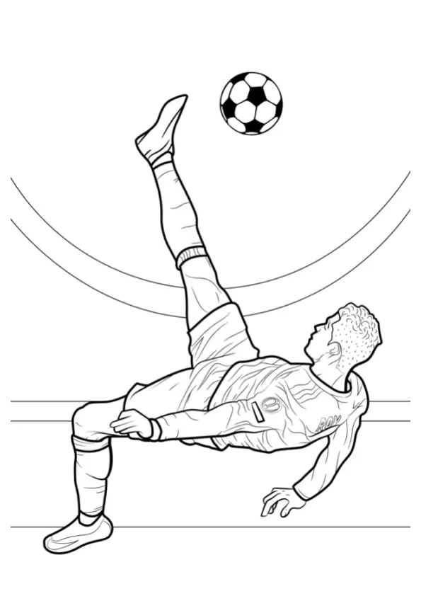 Desenho de contorno do Cristiano Ronaldo de cabeça para baixo no ar fazendo um chute de bicicleta em um estádio.