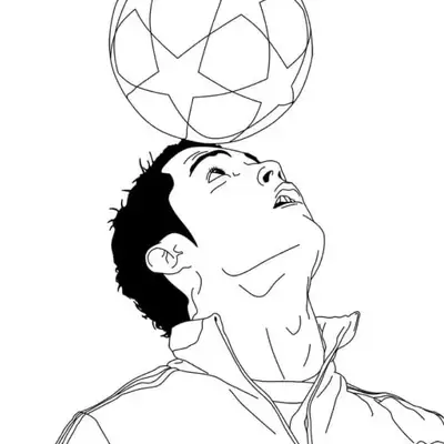 Desenho de contorno do Cristiano Ronaldo olhando para cima e equilibrando uma bola com estampa de estrelas na testa e cabeça.