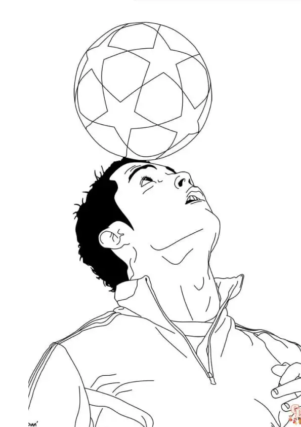 Desenho de contorno do Cristiano Ronaldo olhando para cima e equilibrando uma bola com estampa de estrelas na testa e cabeça.