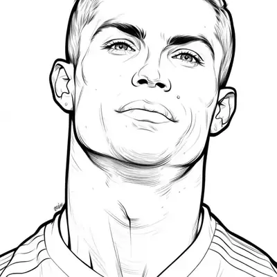 Desenho de linha do rosto de Cristiano Ronaldo em close, sorrindo, com cabelo penteado e detalhes da camisa de futebol.