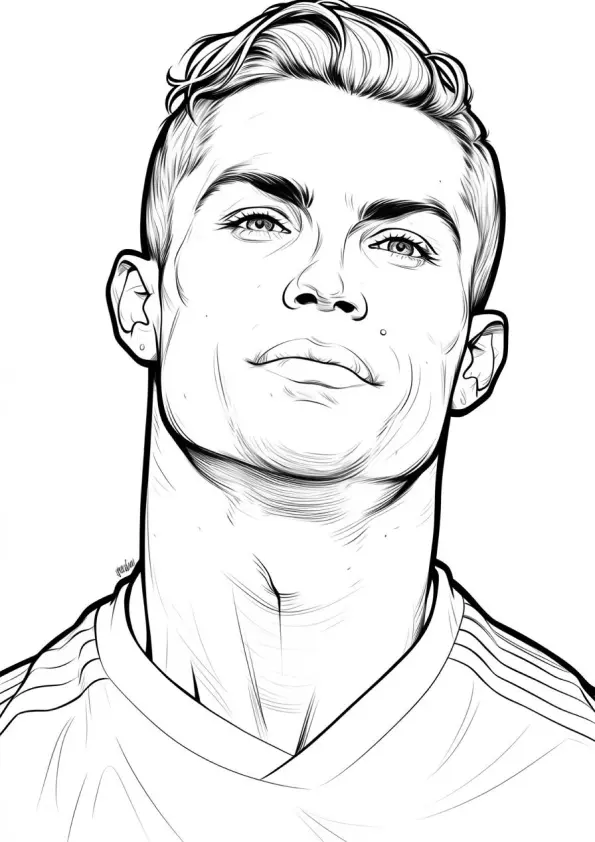 Desenho de linha do rosto de Cristiano Ronaldo em close, sorrindo, com cabelo penteado e detalhes da camisa de futebol.