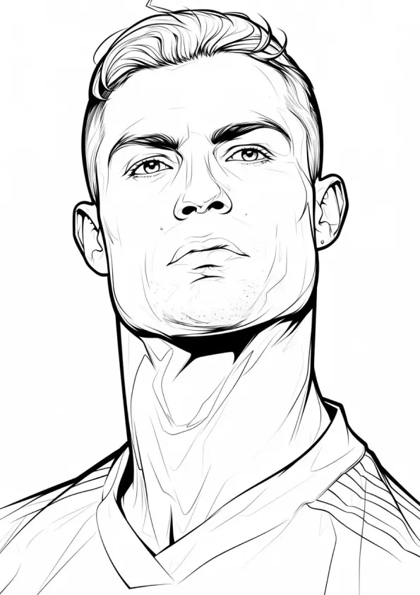 Desenho de linha detalhado do rosto de Cristiano Ronaldo com expressão séria, olhando para frente, com cabelo curto penteado.
