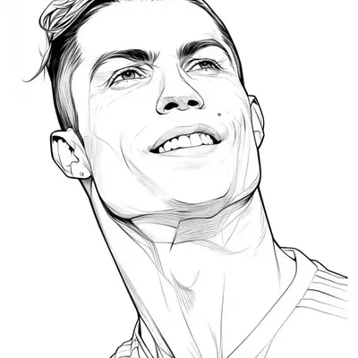 Desenho de linha do rosto de Cristiano Ronaldo sorrindo e olhando para o alto, com detalhes do cabelo e da gola da camisa.