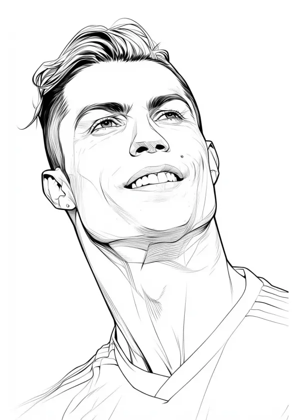Desenho de linha do rosto de Cristiano Ronaldo sorrindo e olhando para o alto, com detalhes do cabelo e da gola da camisa.