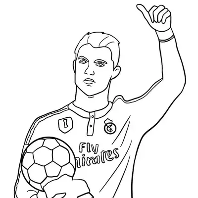 Desenho de contorno do Cristiano Ronaldo segurando o troféu Bola de Ouro com uma mão e fazendo sinal de positivo com a outra.