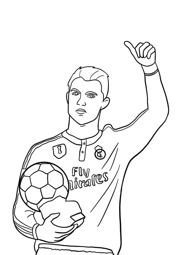 Desenho de contorno do Cristiano Ronaldo segurando o troféu Bola de Ouro com uma mão e fazendo sinal de positivo com a outra.