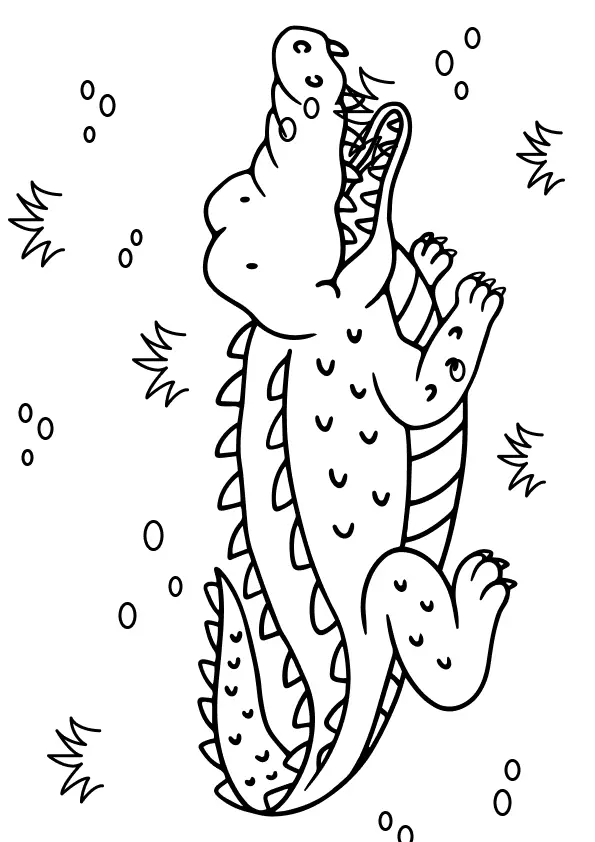 Desenho de contorno simples de um crocodilo ou jacaré deitado, visto de cima, com a boca aberta mostrando dentes pontiagudos, cercado por grama e bolhas.