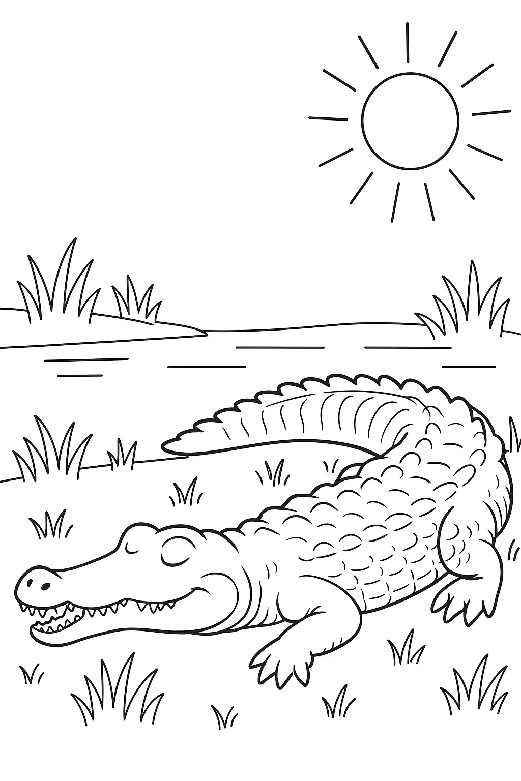 Desenho para colorir de um crocodilo ou jacaré deitado em terra firme (grama) com os olhos fechados, relaxando sob um sol simples no canto superior. Ao fundo, há água e tufos de grama.