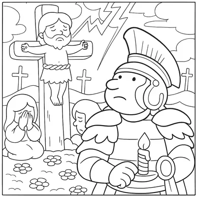 Desenho de contorno estilo infantil mostrando Jesus na cruz ao fundo, uma mulher orando e um centurião romano em primeiro plano segurando uma vela sob raios.