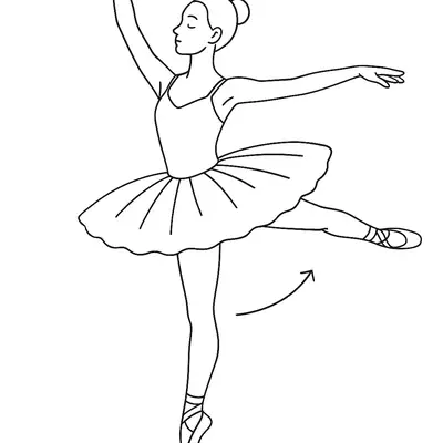 Desenho de linha preta de uma bailarina de perfil, equilibrada em um pé só, com a perna esquerda estendida para trás e braços posicionados em diferentes alturas.