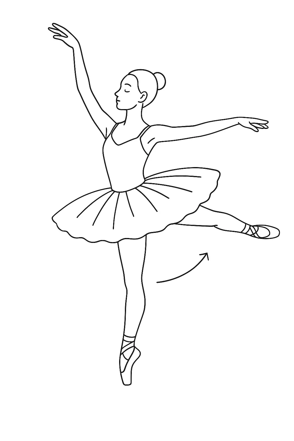 Desenho de linha preta de uma bailarina de perfil, equilibrada em um pé só, com a perna esquerda estendida para trás e braços posicionados em diferentes alturas.