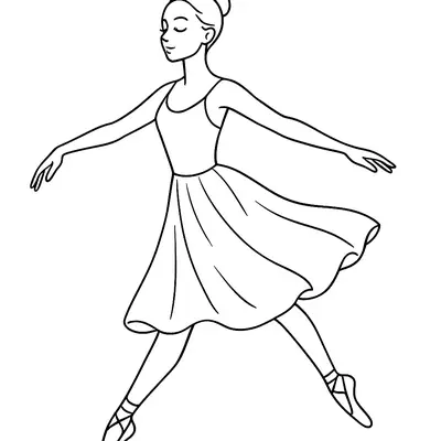 Desenho de contorno preto e branco de uma bailarina saltando de lado, vestindo uma saia longa que ondula no ar, com os braços abertos e sapatilhas amarradas.