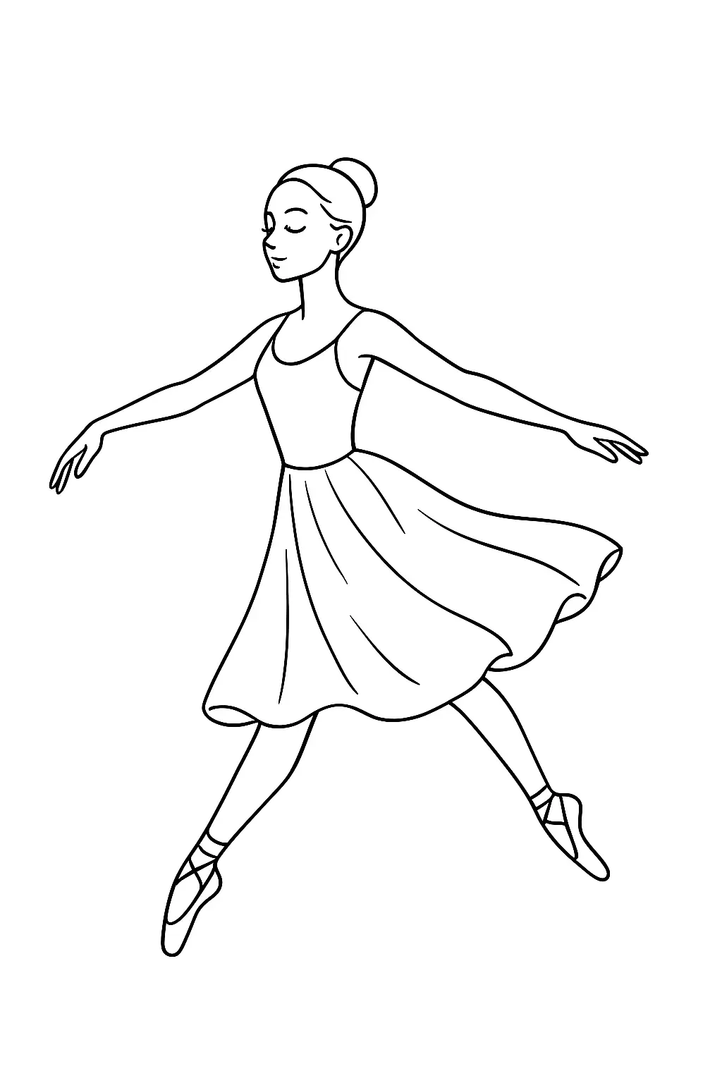 Desenho de contorno preto e branco de uma bailarina saltando de lado, vestindo uma saia longa que ondula no ar, com os braços abertos e sapatilhas amarradas.