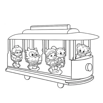 Desenho de contorno do Bondinho da vizinhança com Daniel Tigre na frente e seus amigos sentados nos bancos, todos sorrindo e acenando.
