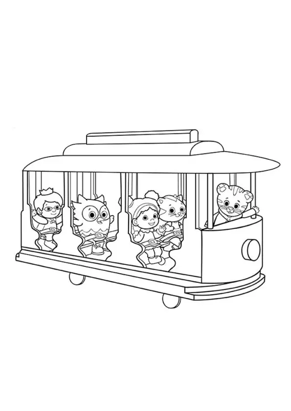 Desenho de contorno do Bondinho da vizinhança com Daniel Tigre na frente e seus amigos sentados nos bancos, todos sorrindo e acenando.