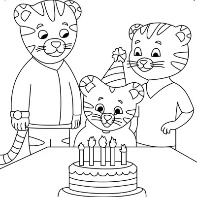 Desenho de contorno do Daniel Tigre usando um chapéu de festa em frente a um bolo de aniversário com velinhas, acompanhado pelo Papai e Mamãe Tigre sob bandeirinhas decorativas.