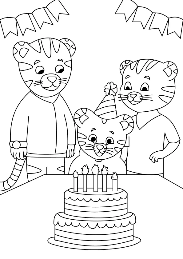 Desenho de contorno do Daniel Tigre usando um chapéu de festa em frente a um bolo de aniversário com velinhas, acompanhado pelo Papai e Mamãe Tigre sob bandeirinhas decorativas.