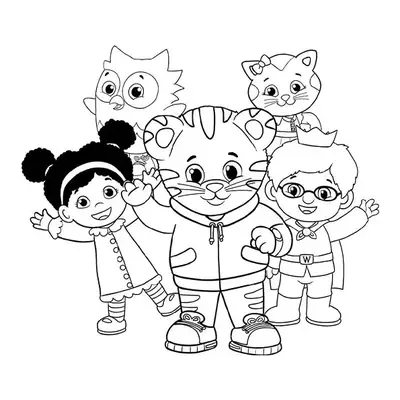 Desenho de contorno do Daniel Tigre no centro acenando, com Miss Elaina à esquerda e Príncipe Quarta-Feira à direita também acenando. O o Coruja e Katerina Kittycat aparecem atrás.