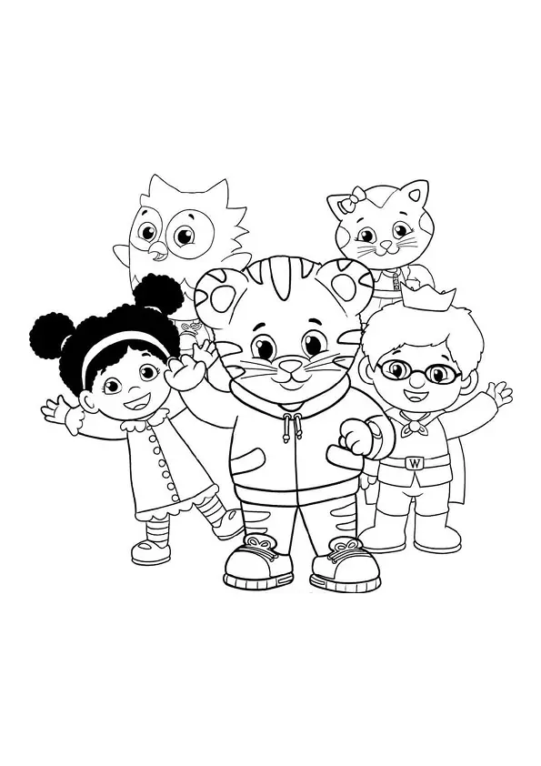 Desenho de contorno do Daniel Tigre no centro acenando, com Miss Elaina à esquerda e Príncipe Quarta-Feira à direita também acenando. O o Coruja e Katerina Kittycat aparecem atrás.