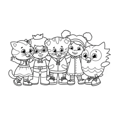 Desenho de contorno com Daniel Tigre e seus quatro amigos — Katerina, Príncipe Quarta-Feira, Miss Elaina e O o Coruja — todos abraçados e sorrindo.