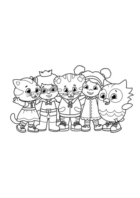 Desenho de contorno com Daniel Tigre e seus quatro amigos — Katerina, Príncipe Quarta-Feira, Miss Elaina e O o Coruja — todos abraçados e sorrindo.