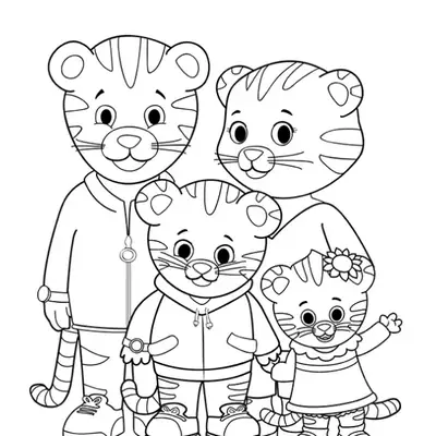 Desenho de contorno da família do Daniel Tigre: Pai e Mãe atrás, Daniel e a pequena Margaret à frente, todos sorrindo.