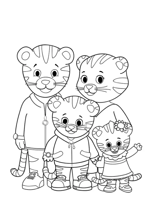 Desenho de contorno da família do Daniel Tigre: Pai e Mãe atrás, Daniel e a pequena Margaret à frente, todos sorrindo.