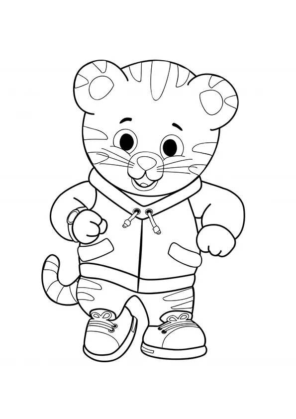 Desenho de contorno do Daniel Tigre em pé, vestindo seu casaco de moletom com cordões e tênis, com uma expressão muito feliz.