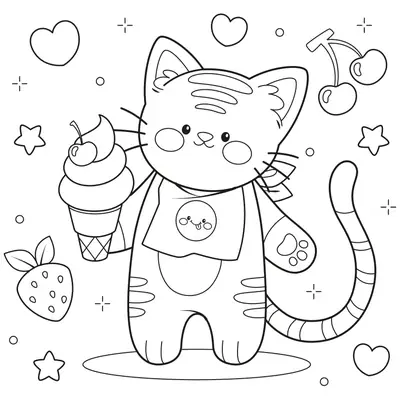 Hora do Lanche Doce: Gatinho com Sorvete para Colorir