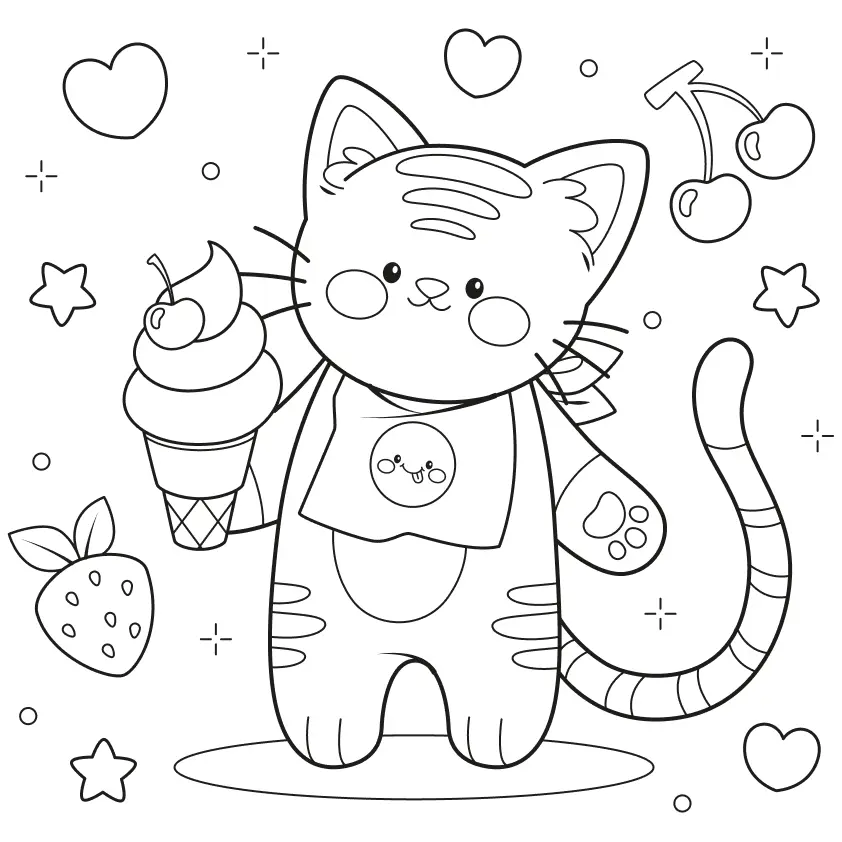 Desenho de linha de um gatinho em pé usando babador, segurando um sorvete de casquinha com cereja no topo, cercado por corações, estrelas, morango e cerejas.