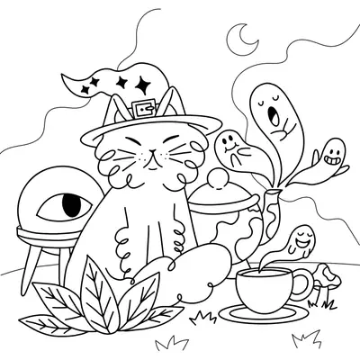 Magia no Ar: Gato Bruxo e seus Fantasmiguinhos para Colorir