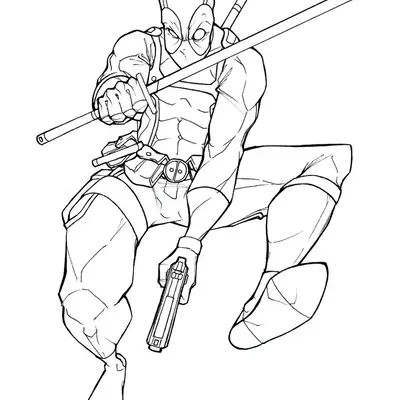 Desenho de contorno do Deadpool saltando com uma espada longa em uma mão e uma pistola na outra, usando seu traje clássico.