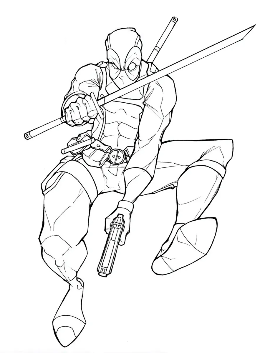 Desenho de contorno do Deadpool saltando com uma espada longa em uma mão e uma pistola na outra, usando seu traje clássico.