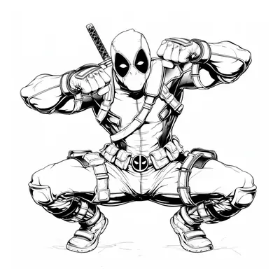 Desenho de contorno do Deadpool agachado com os punhos cerrados à frente do rosto, vestindo traje completo com muitos bolsos e uma espada nas costas.