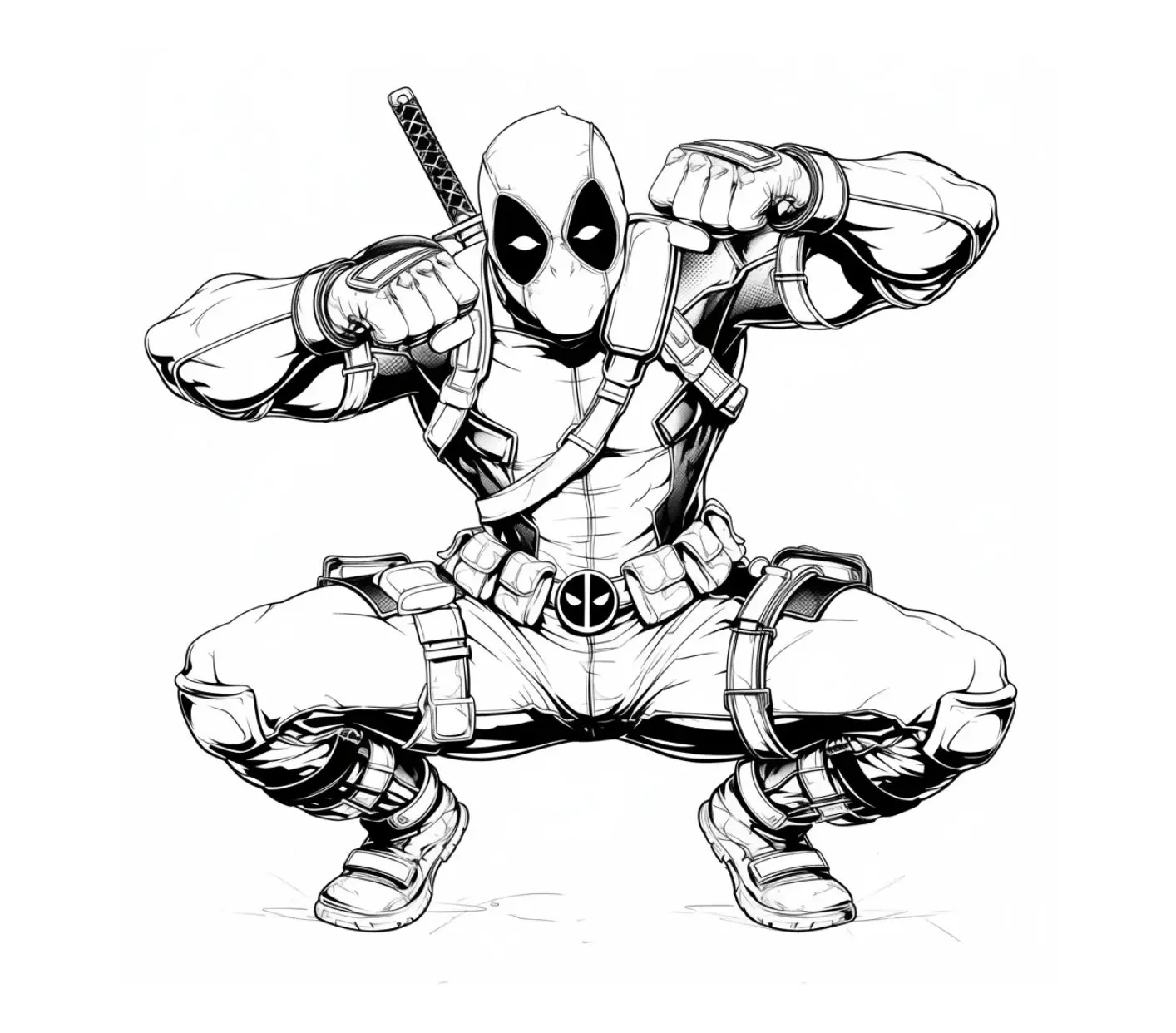 Desenho de contorno do Deadpool agachado com os punhos cerrados à frente do rosto, vestindo traje completo com muitos bolsos e uma espada nas costas.