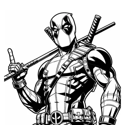 Desenho de contorno do Deadpool de braços cruzados, com o dedo indicador levantado, usando uniforme detalhado e duas espadas cruzadas nas costas.