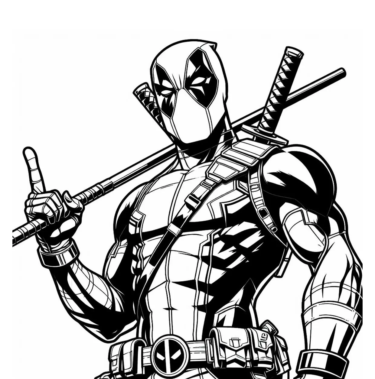 Desenho de contorno do Deadpool de braços cruzados, com o dedo indicador levantado, usando uniforme detalhado e duas espadas cruzadas nas costas.