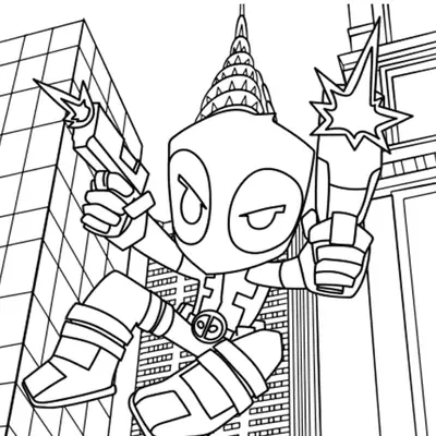 Desenho de contorno do Deadpool em estilo chibi, com cabeça grande, saltando na frente de prédios e de um arranha-céu pontudo.
