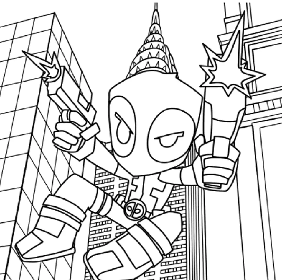 Desenho de contorno do Deadpool em estilo chibi, com cabeça grande, saltando na frente de prédios e de um arranha-céu pontudo.