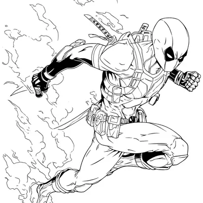 Desenho de contorno do Deadpool correndo de perfil, com uma espada nas costas e rastro de fumaça saindo de seus pés.