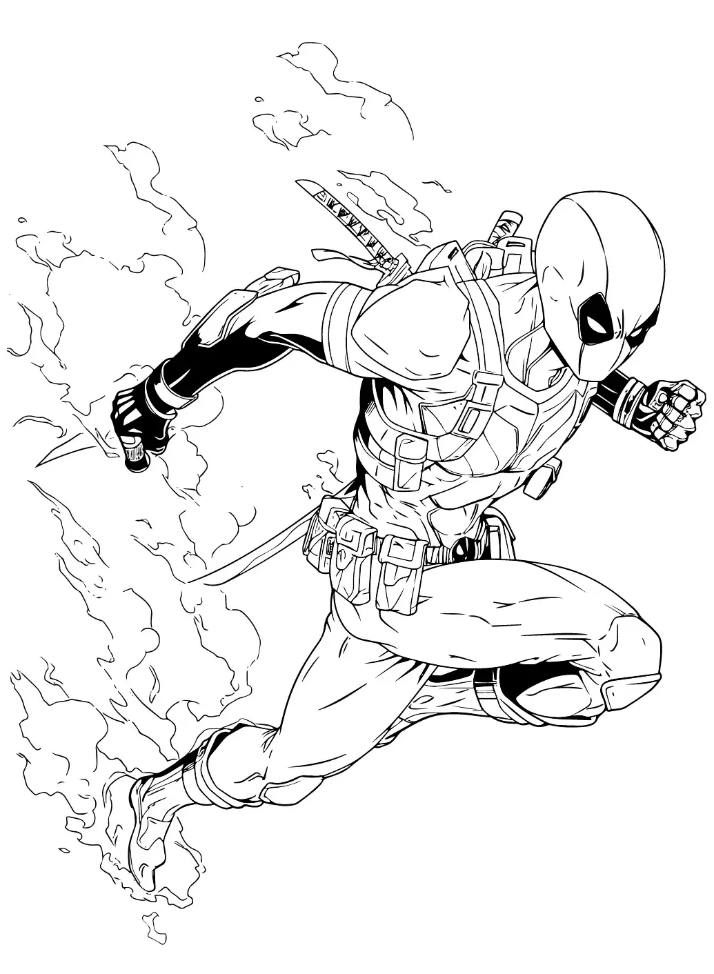 Desenho de contorno do Deadpool correndo de perfil, com uma espada nas costas e rastro de fumaça saindo de seus pés.